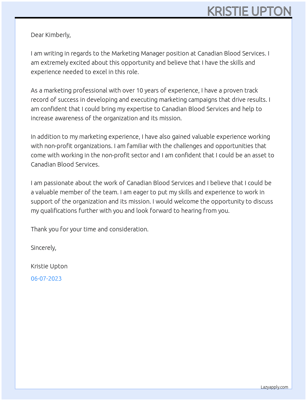 Marketing Manager At Canadian Blood Services Cover Letter