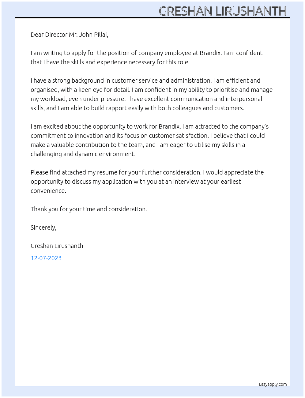 Company Employee At Brandix  Cover Letter