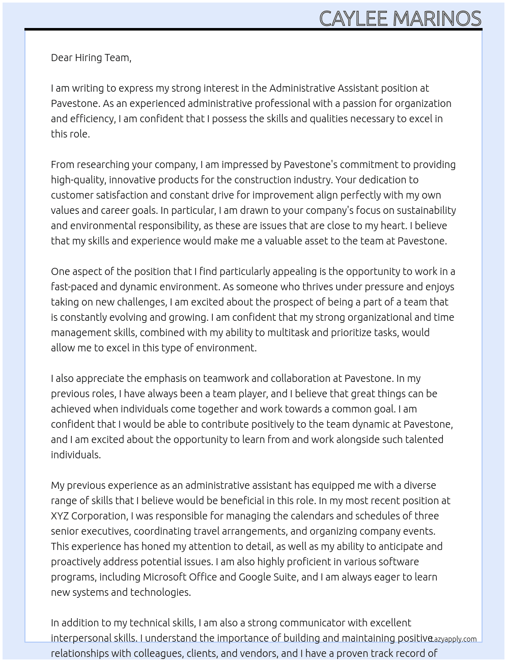 Administrative Assistant At Pavestone Cover Letter