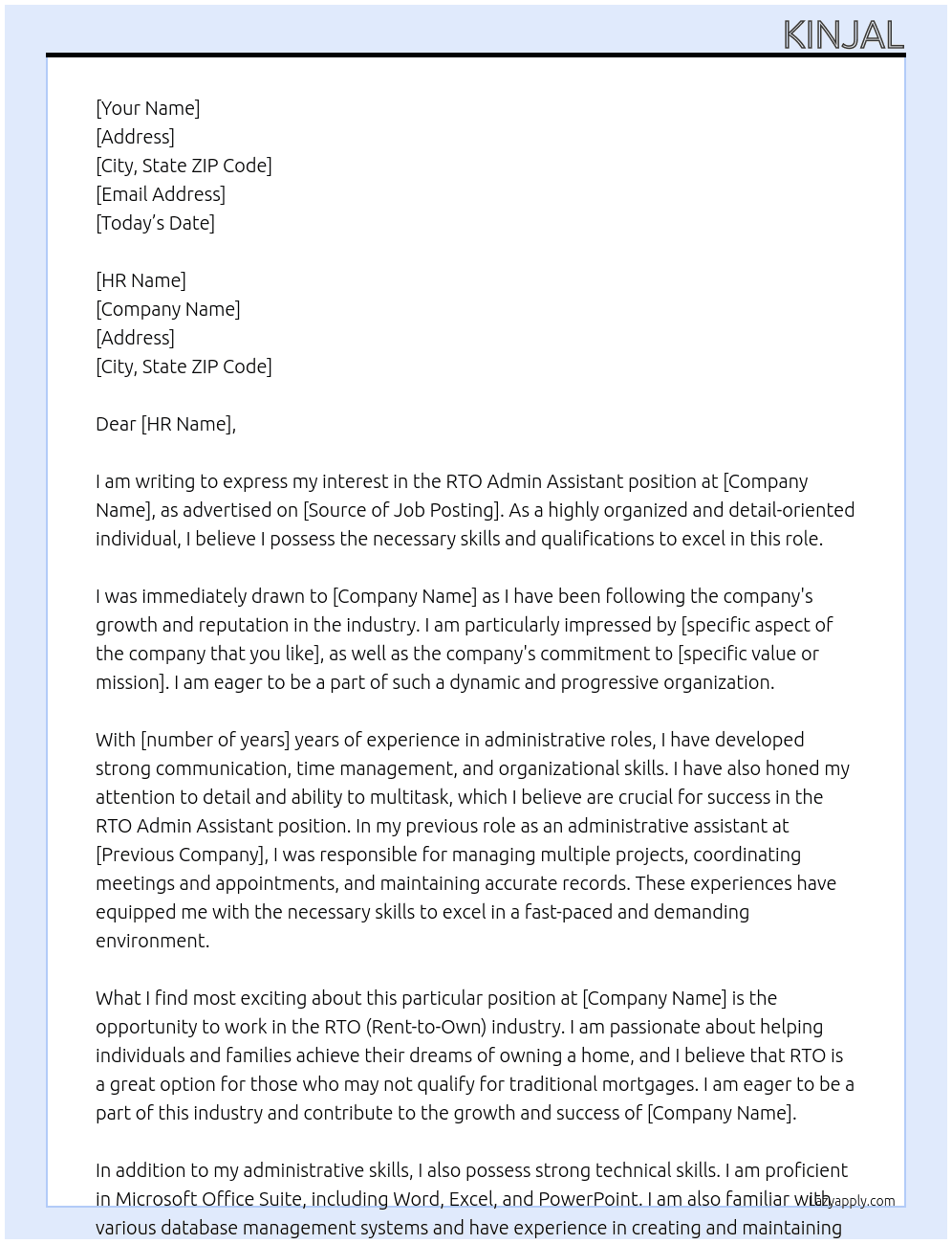 RTO Admin Assistant At Kinjal Cover Letter