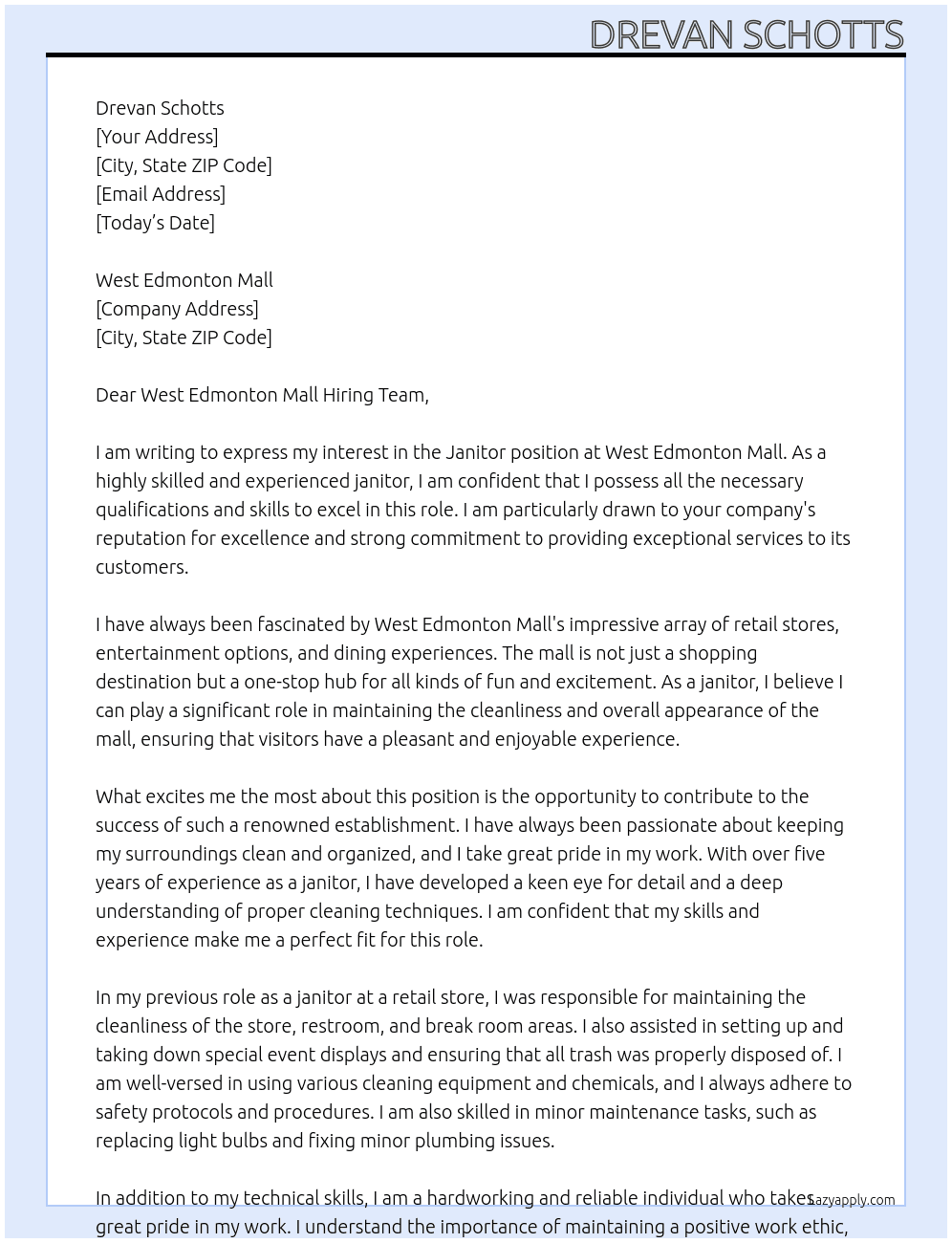 Janitor At West Edmonton mall Cover Letter