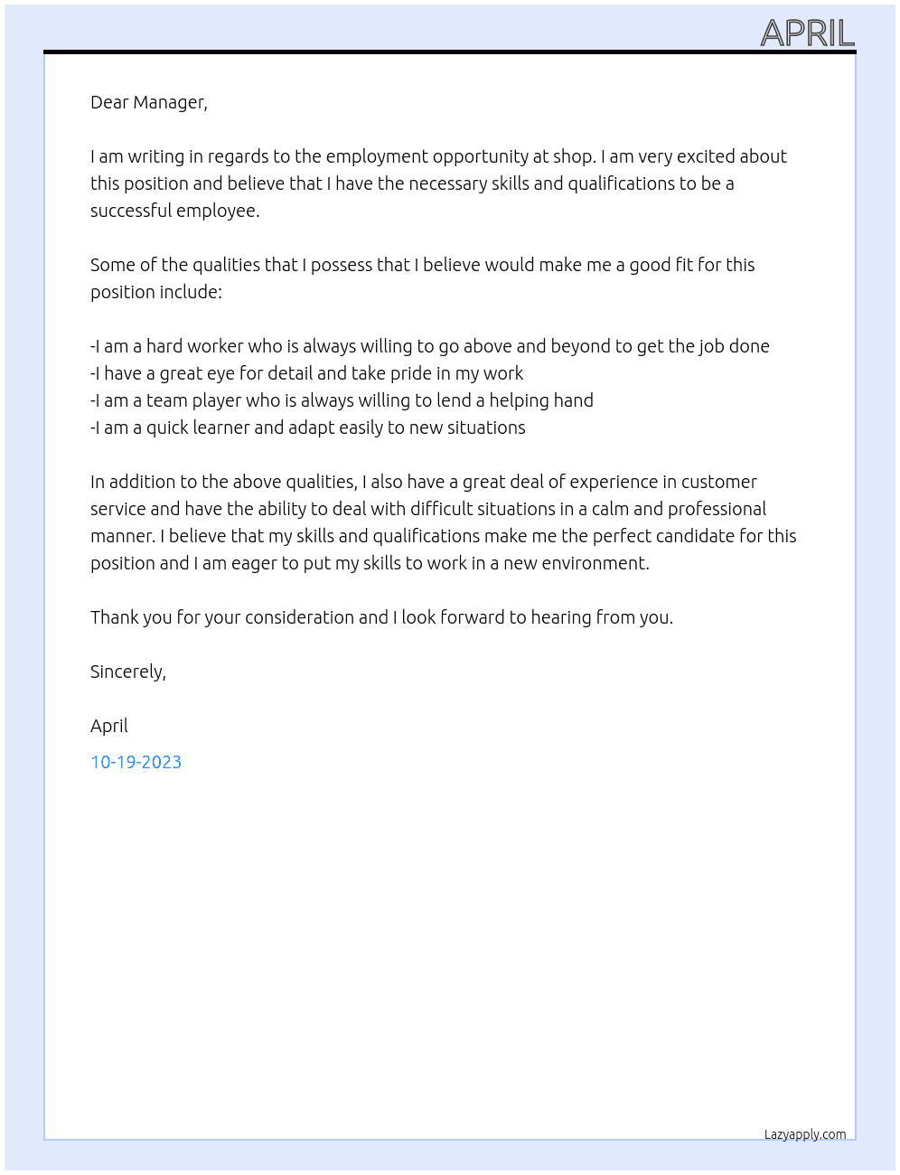 emploeye At shop Cover Letter