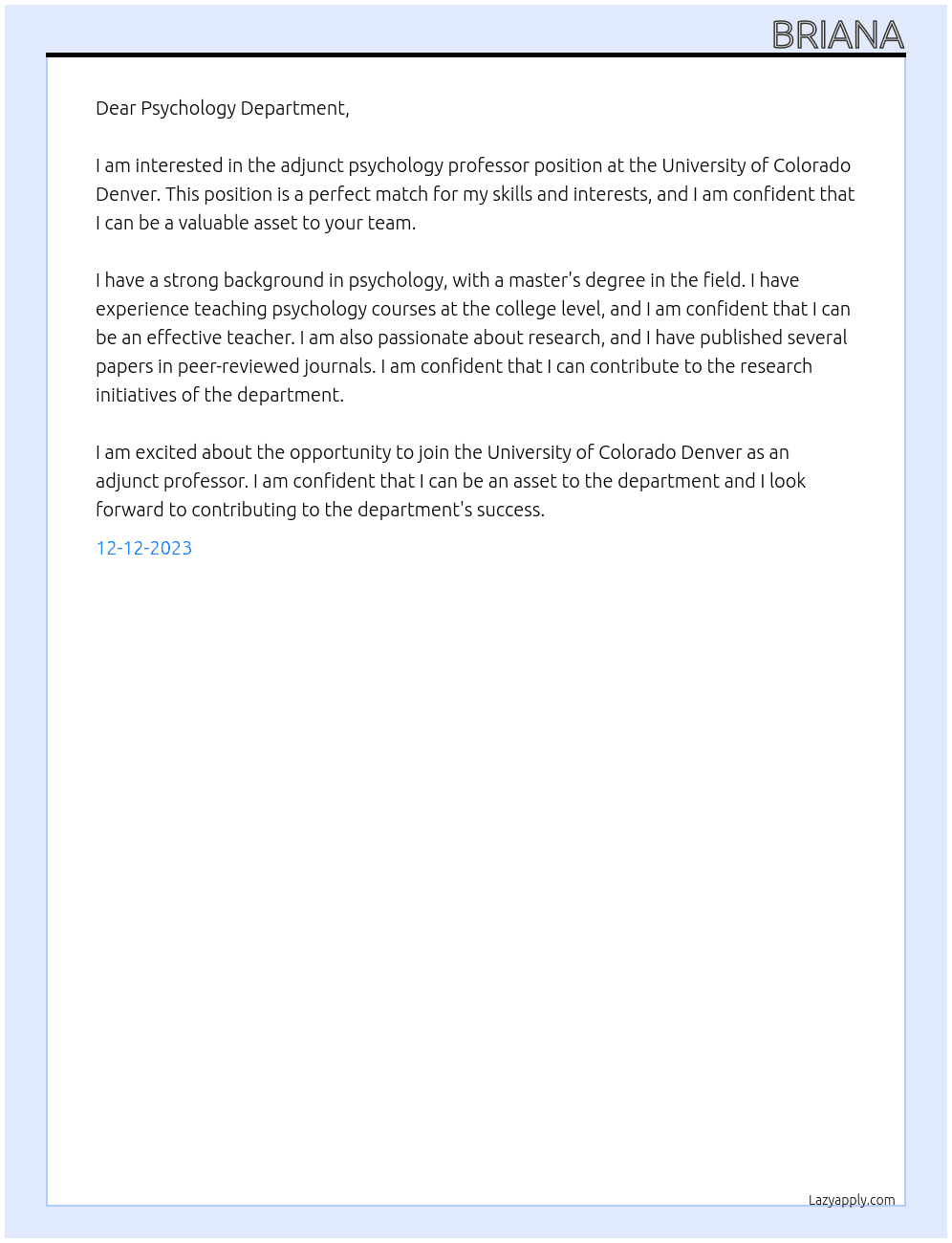 Adjunct Psychology Professor  At University of Colorado Denver Cover Letter