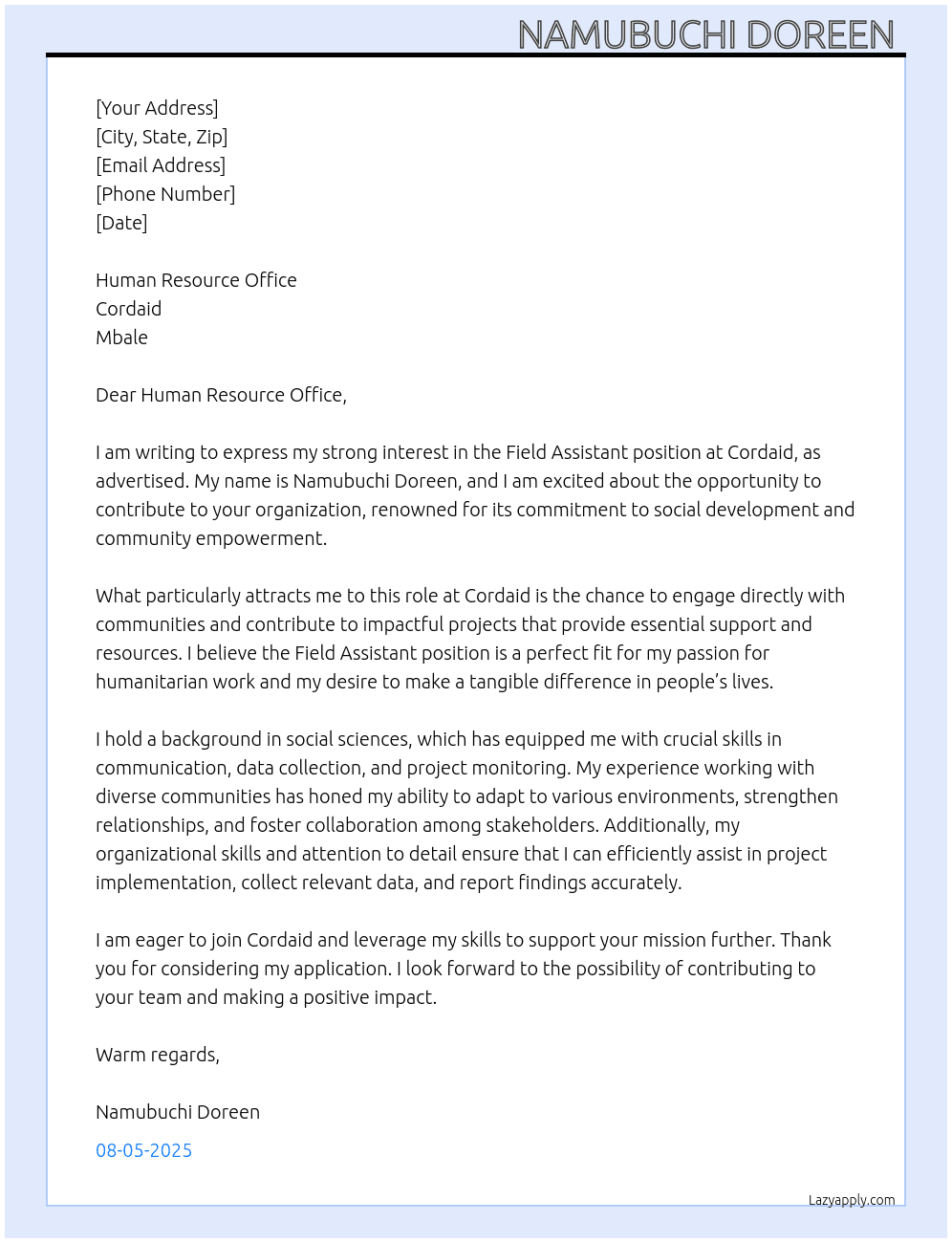Field Assistant  At Cordaid Cover Letter