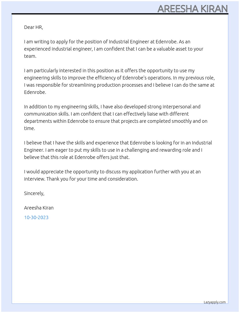 Industrial Engineer At Edenrobe Cover Letter