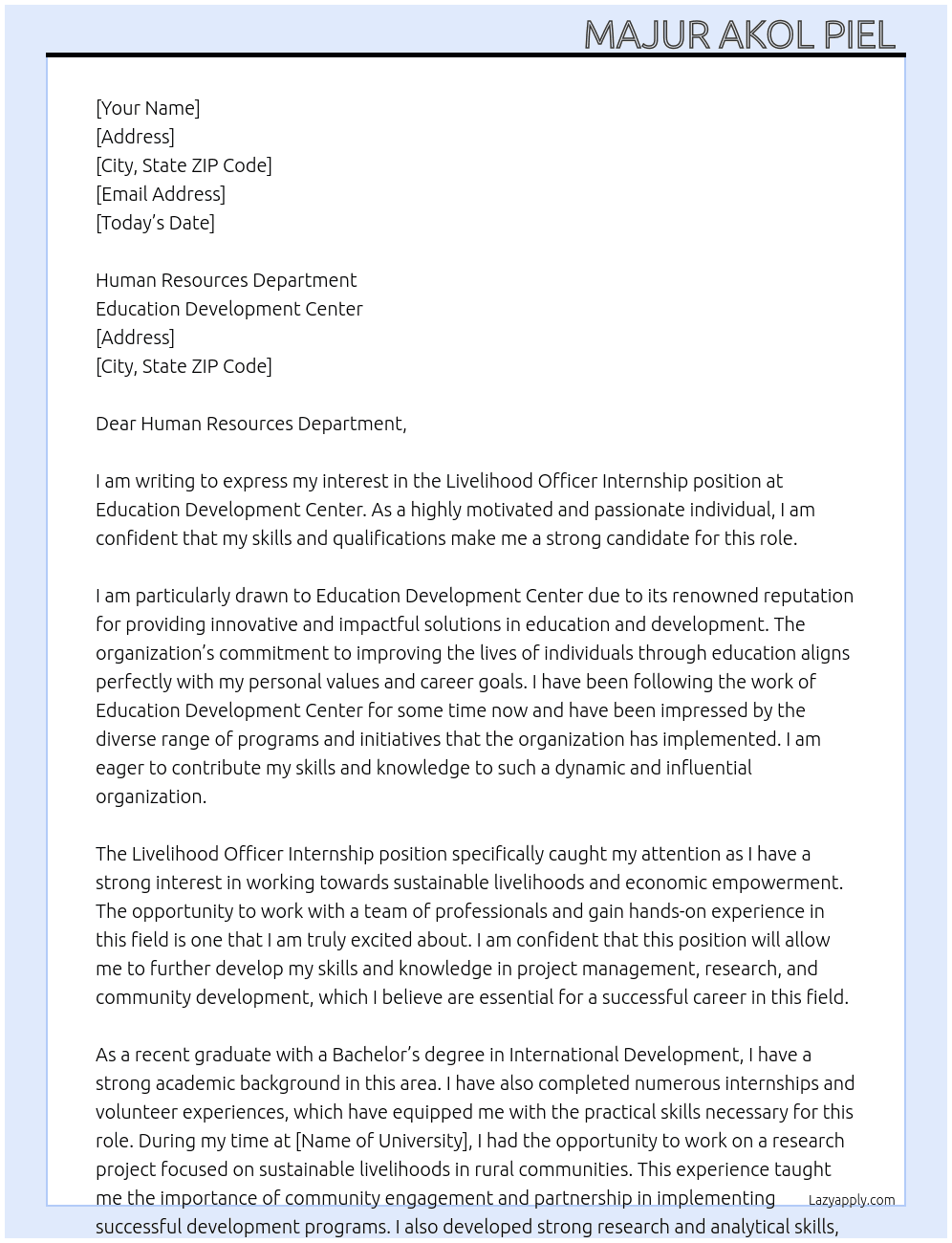 Livelihood Officer Internship  At Education Development Center  Cover Letter