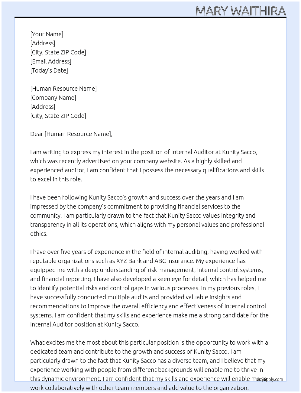 internal auditor At kunity sacco Cover Letter