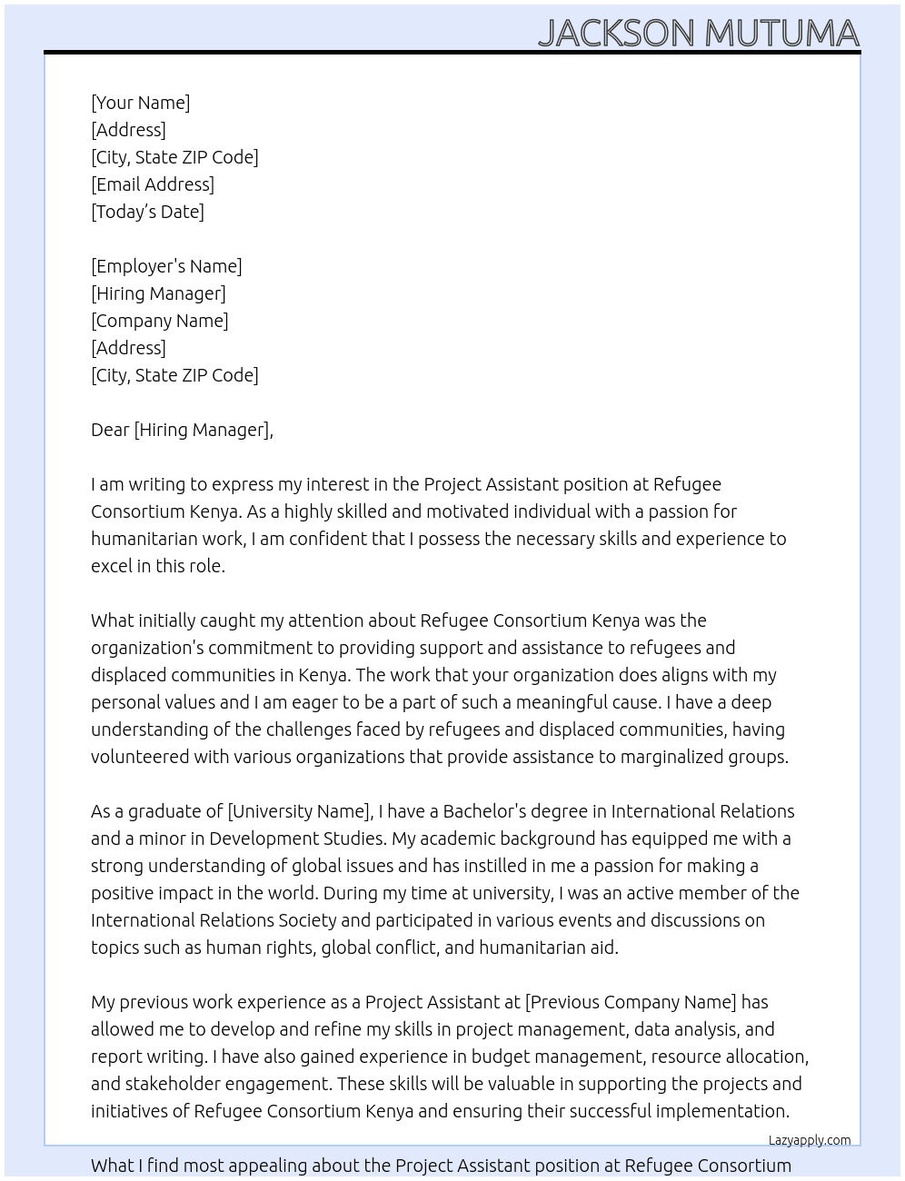 project assistant At refugee consortium kenya Cover Letter