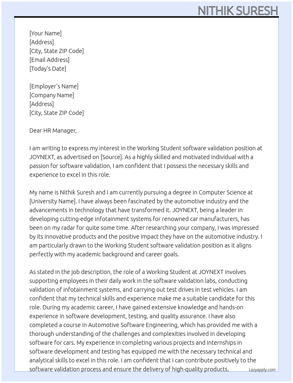 Working Student software validation At JOYNEXT Cover Letter