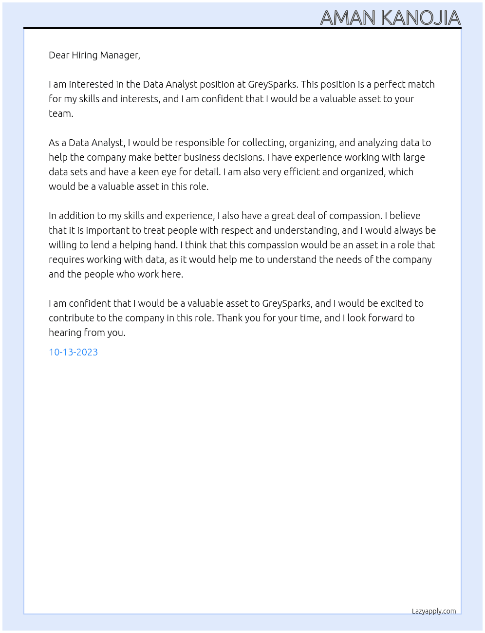 Data Analyst At GreySparks Cover Letter