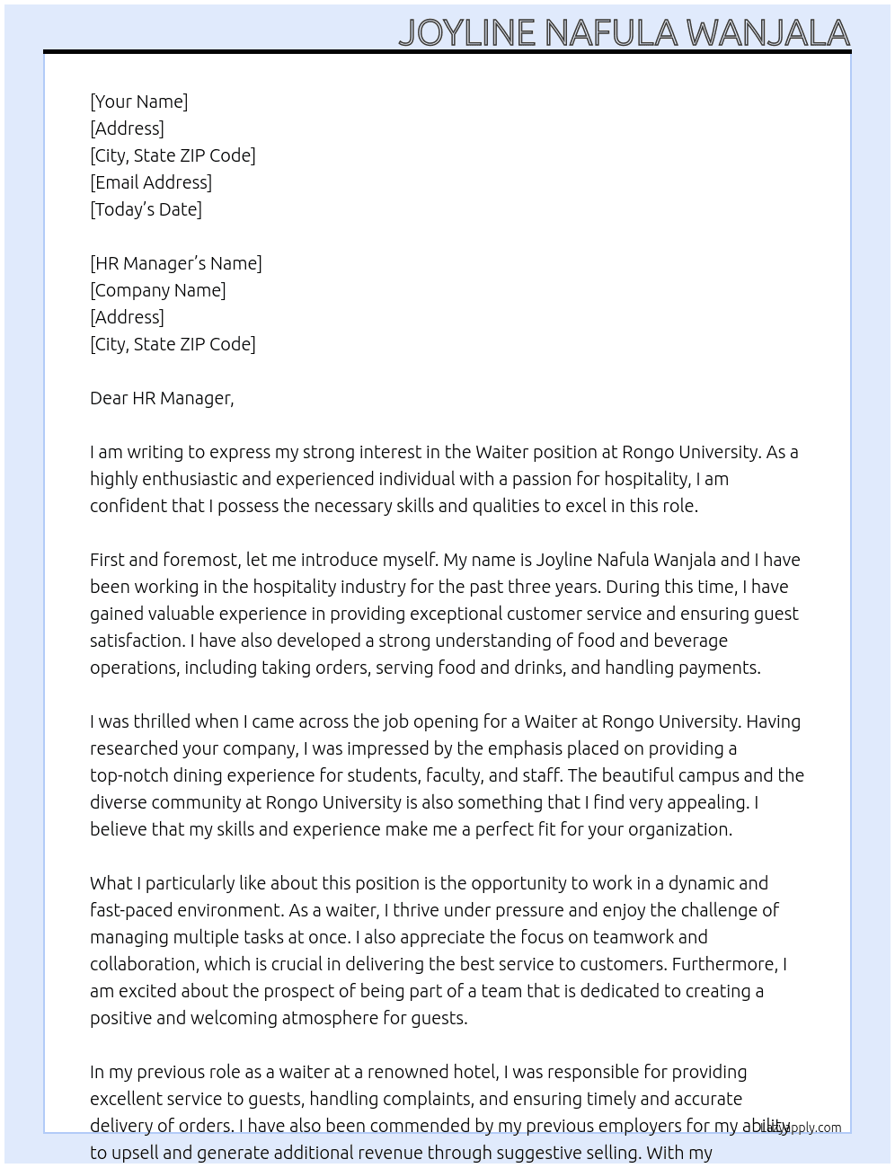 waiter At RONGO UNIVERSITY Cover Letter