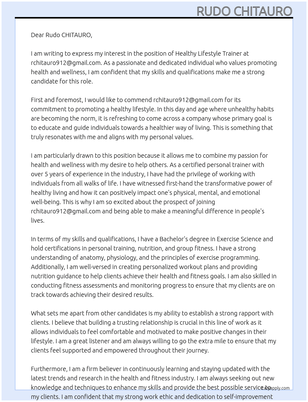 Healthy lifestyle trainer At rchitauro912@gmail.com Cover Letter