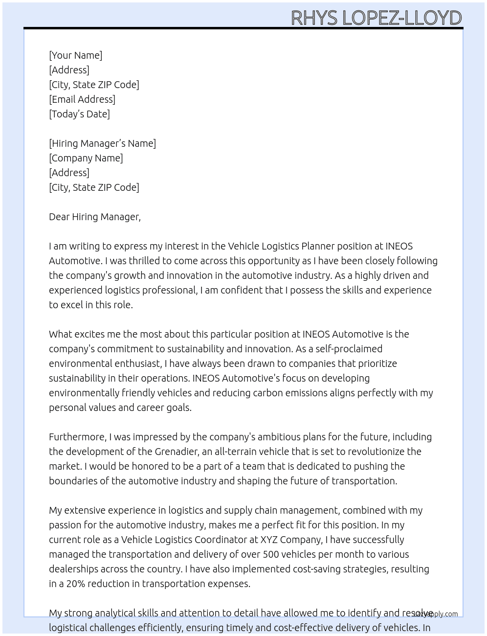 Vehicle Logistics Planner At INEOS Automotive Cover Letter