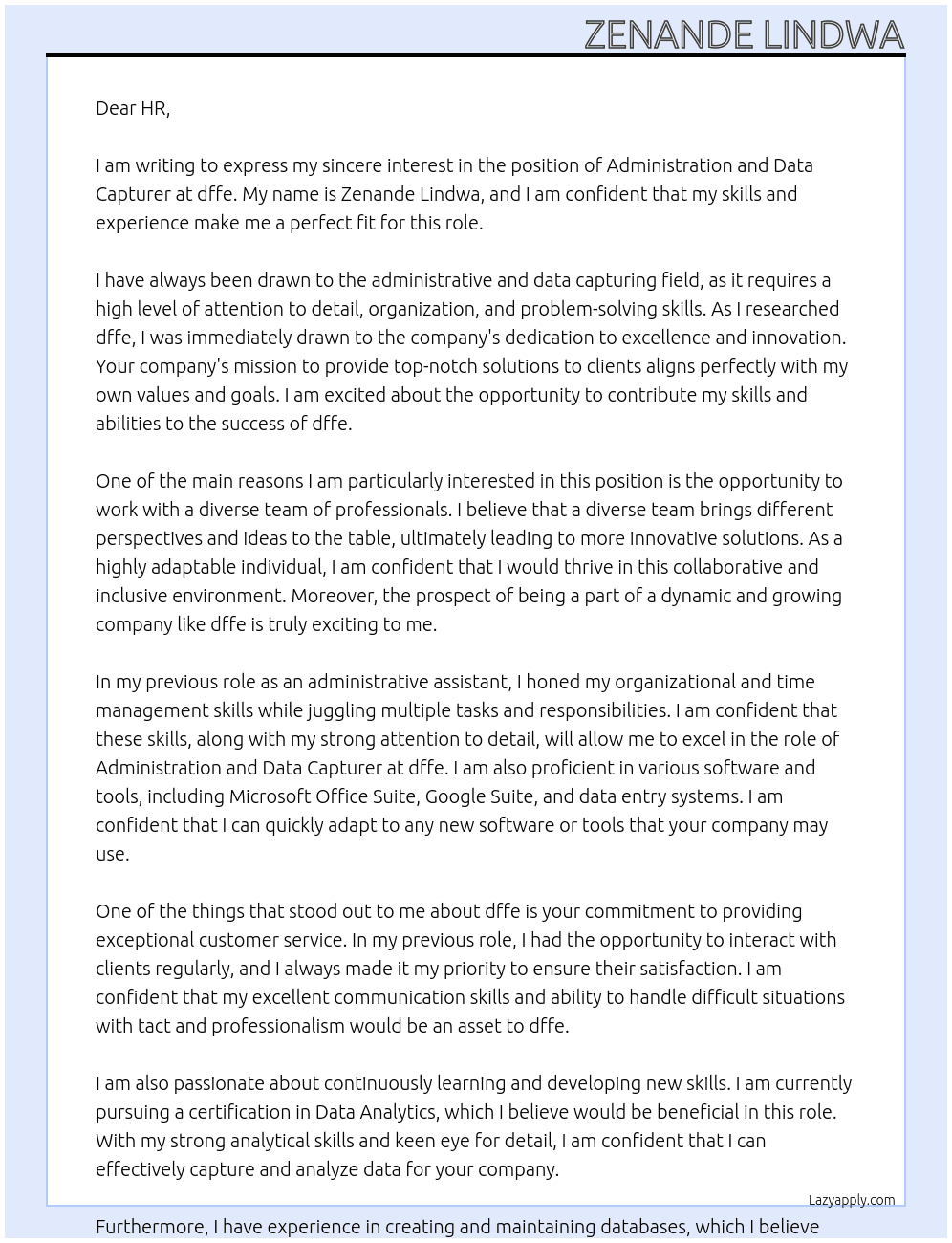 Administration and Data Capturer At dffe Cover Letter