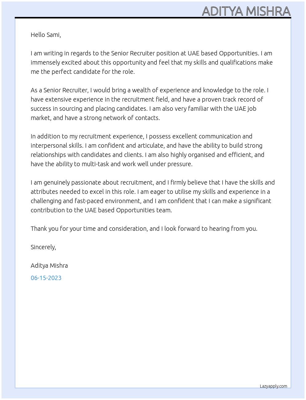 Senior Recruiter  At UAE based Opportunities Cover Letter