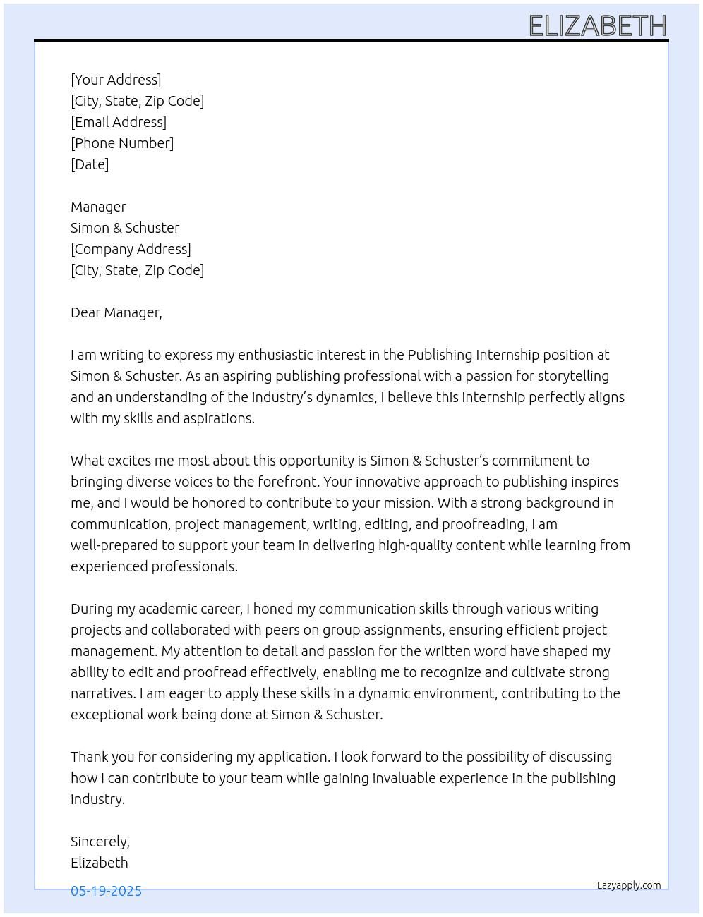 publishing internship At Simon and Schuster Cover Letter