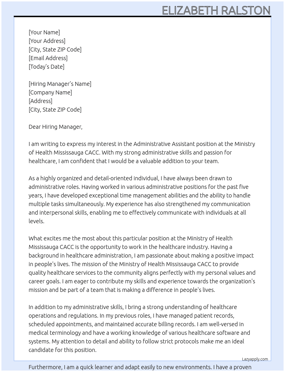 Administrative Assistant At Ministry of Health Mississauga CACC Cover Letter