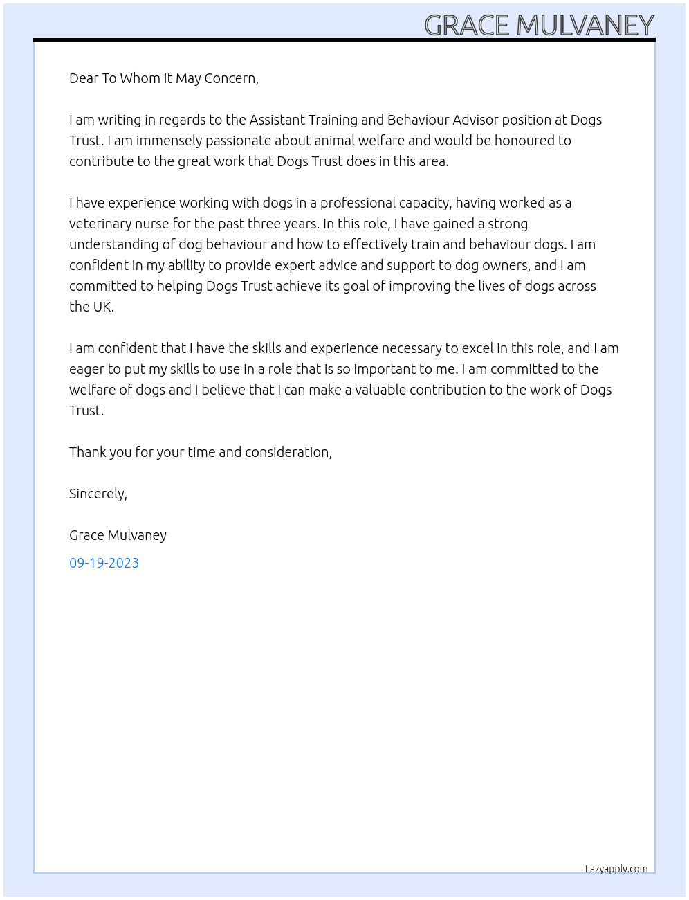 Assistant Training and Behaviour Advisor At Dogs Trust Cover Letter