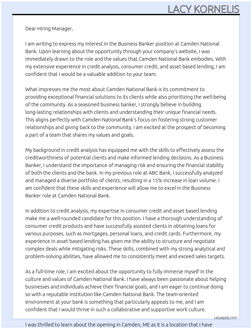 Business Banker At Camden National Bank Cover Letter