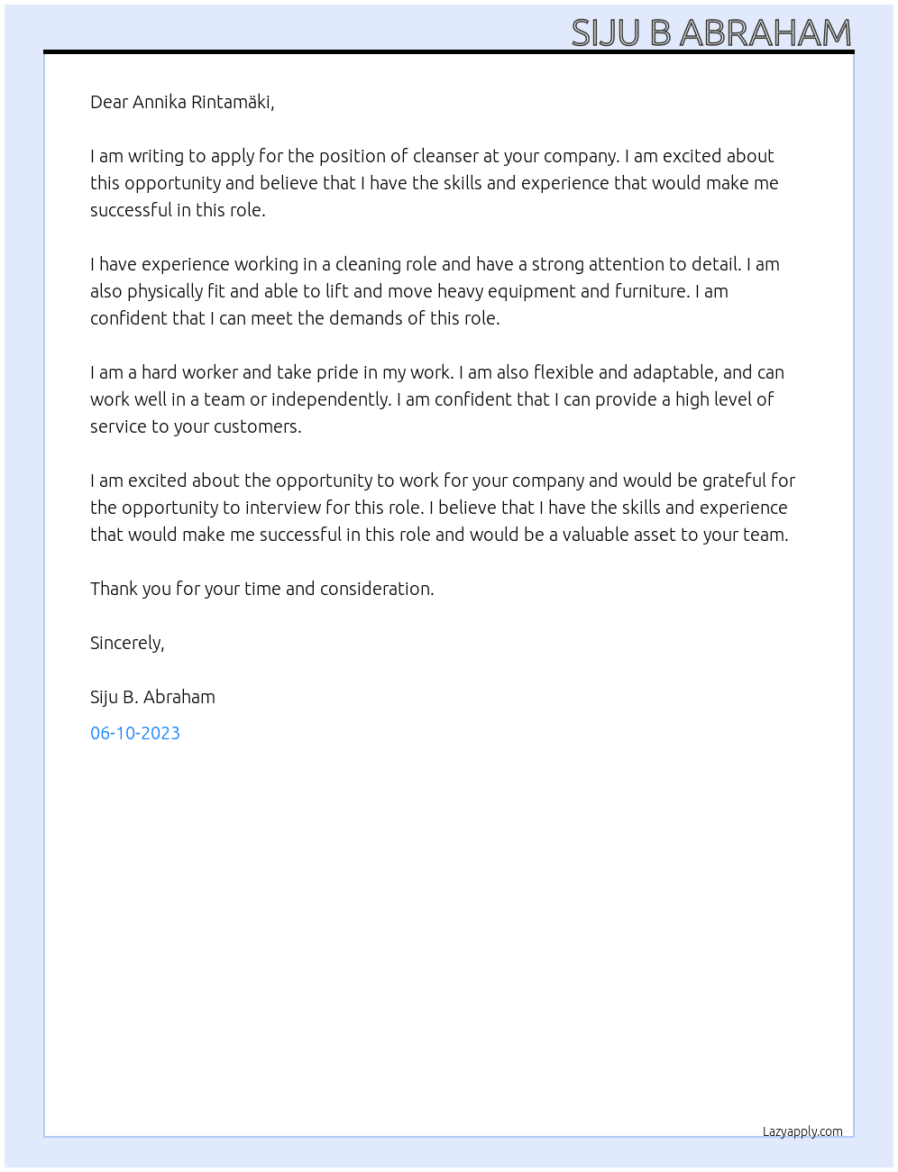 cleanser  At  Annika Rintamäki Cover Letter