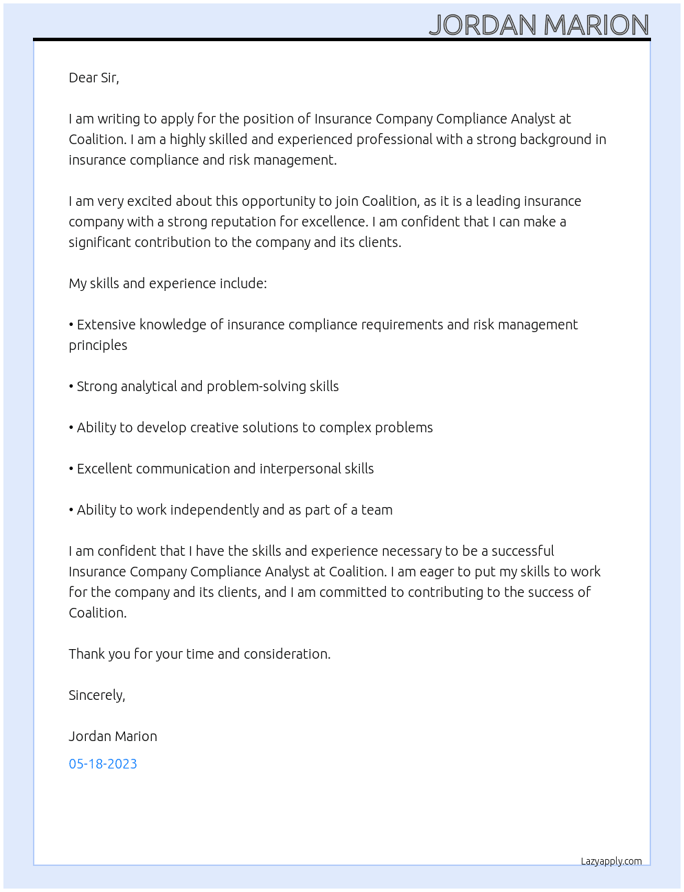 Insurance Company Compliance Analyst At Coalition Cover Letter
