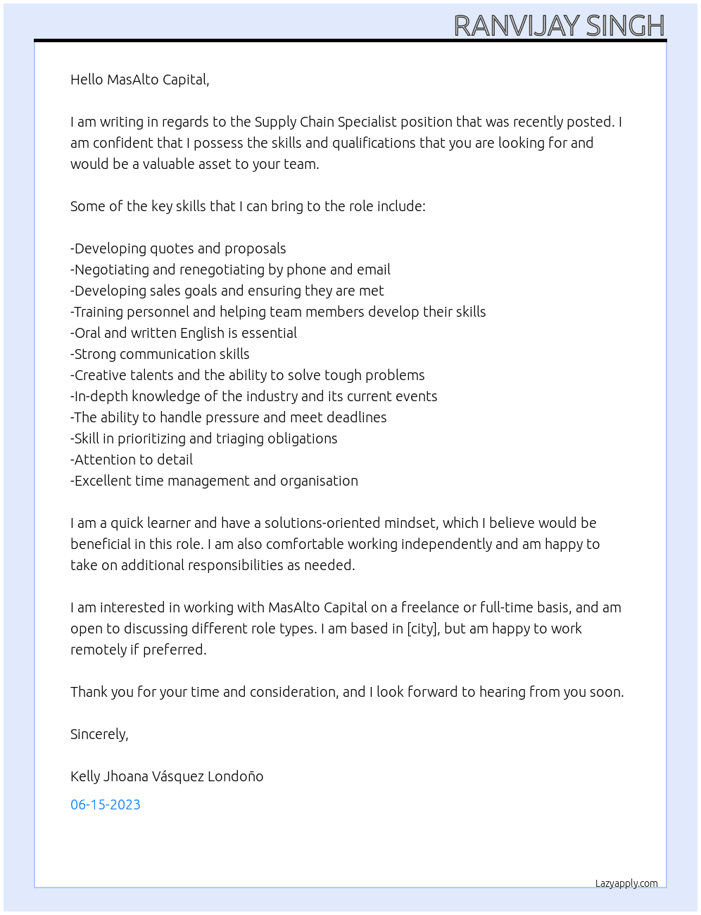 Supply Chain Specialist Position At MasAlto Capital  Cover Letter