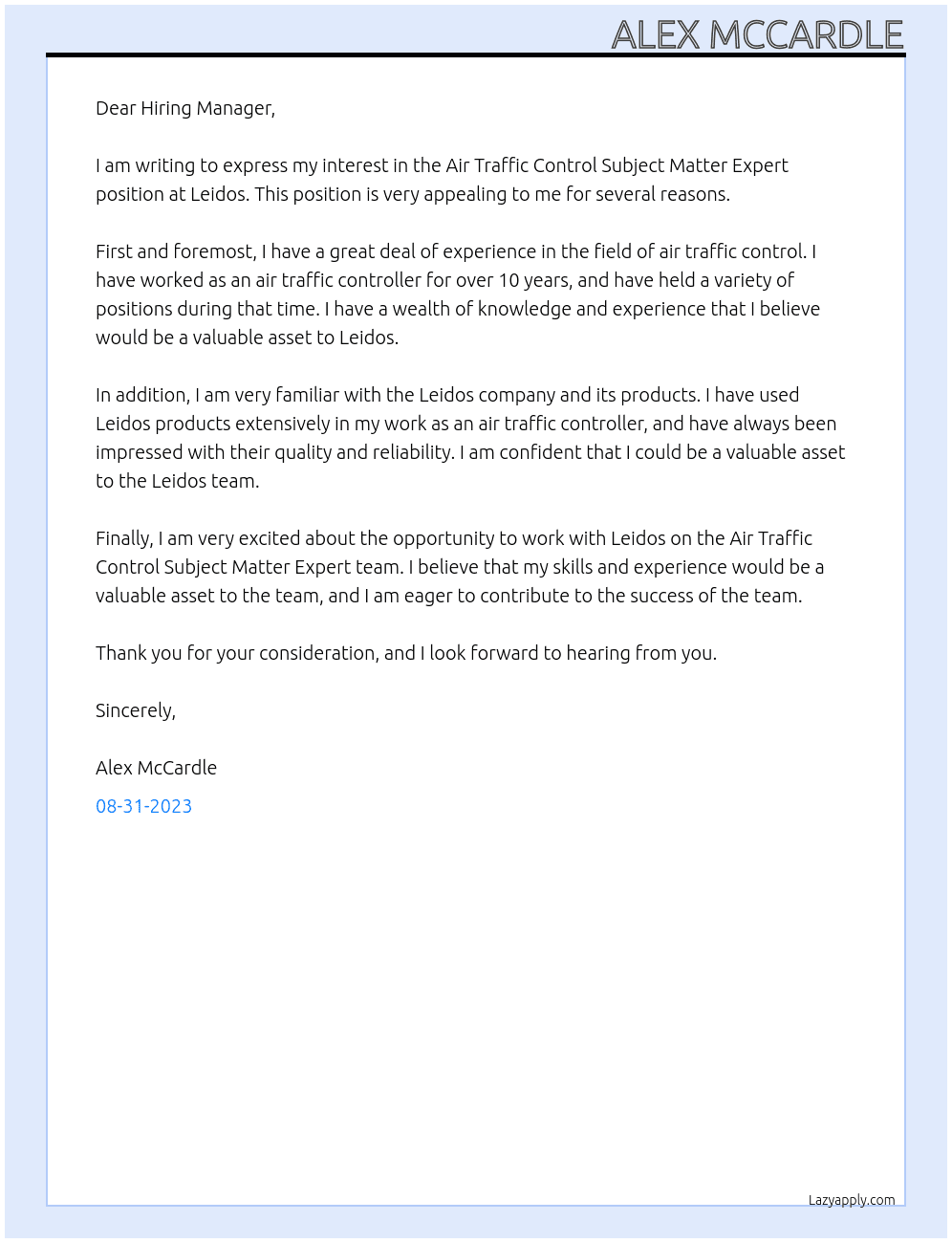 Air Traffic Control Subject Matter Expert At Leidos Cover Letter