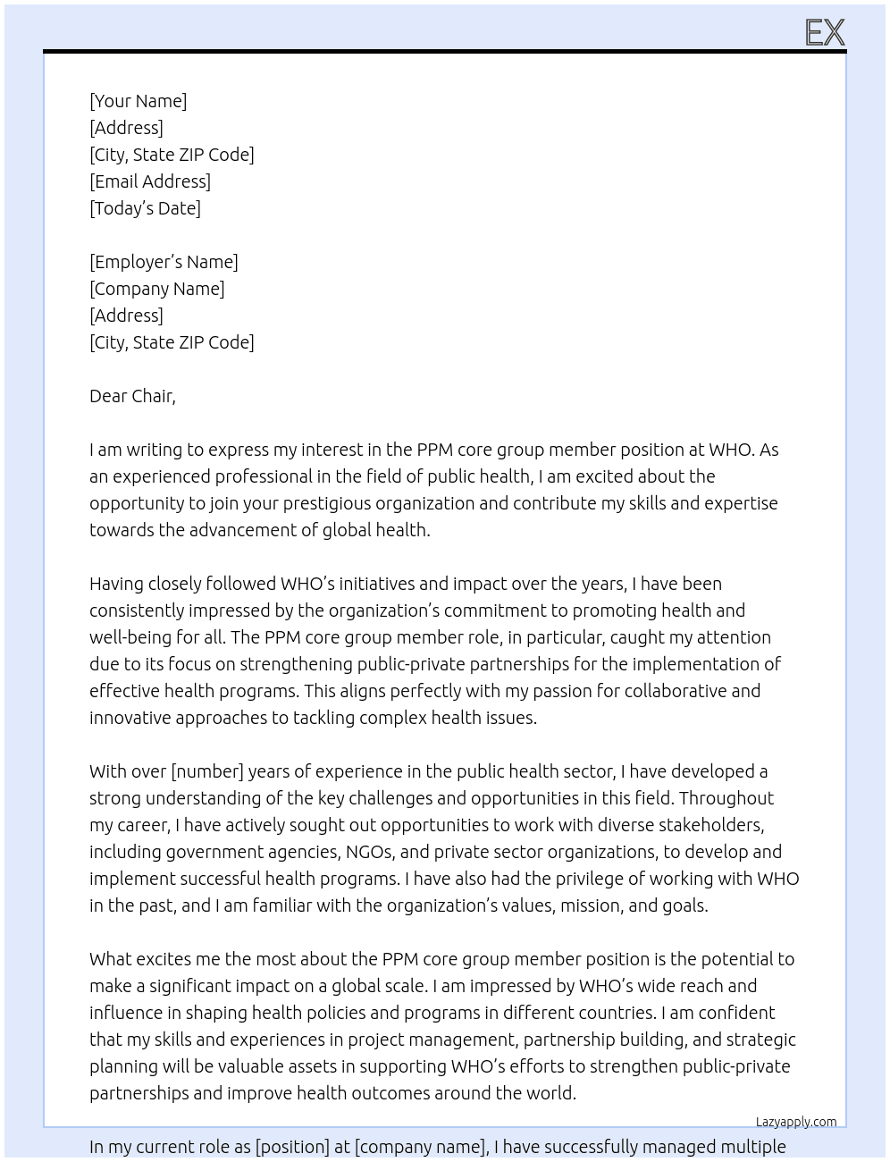 PPM core group member, WHO At PPM group member Cover Letter