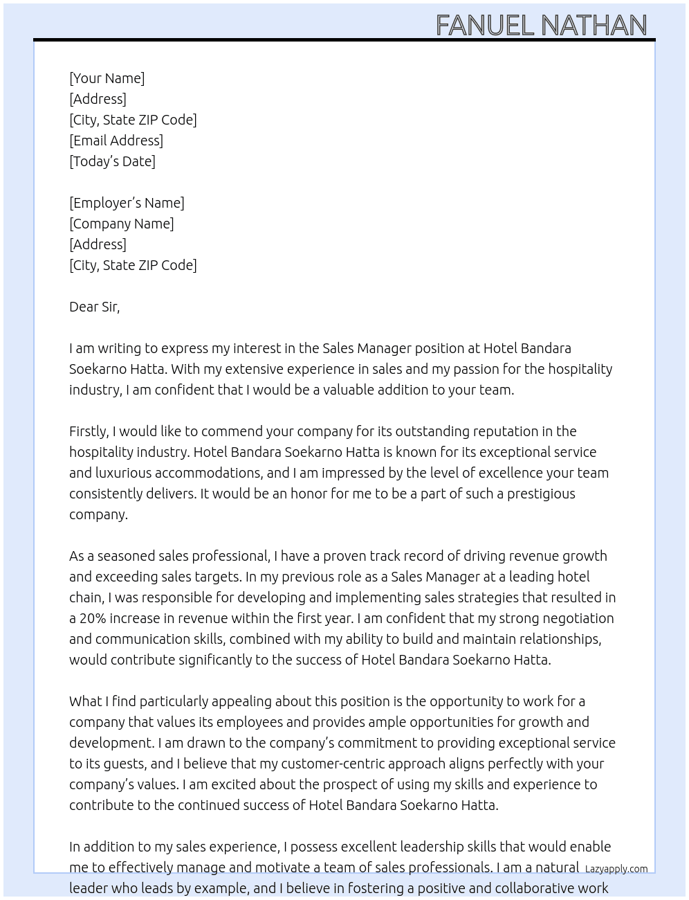 Sales Manger At Hotel Bandara Soekarno Hatta  Cover Letter