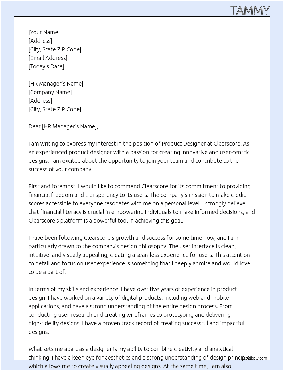 Product designer At Clearscore Cover Letter