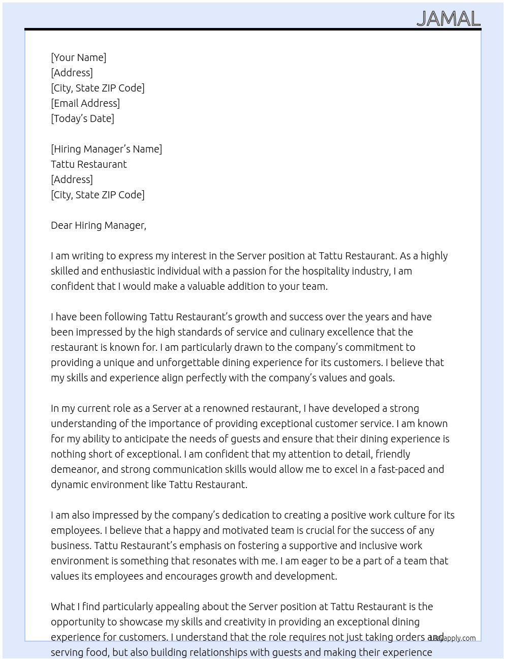 Server At Tattu Restaurant  Cover Letter