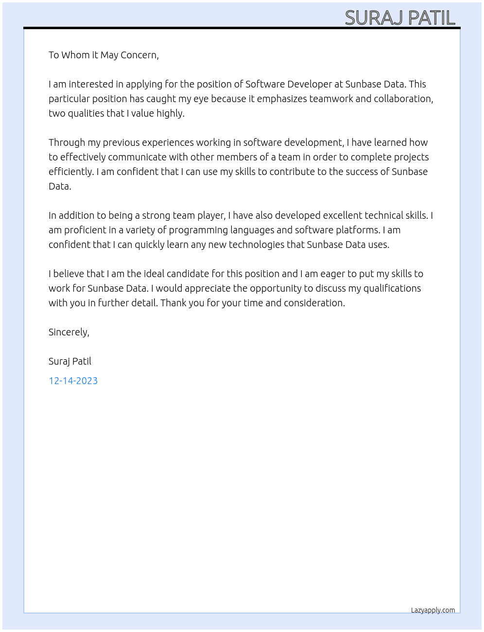 Software developer  At Sunbase data Cover Letter