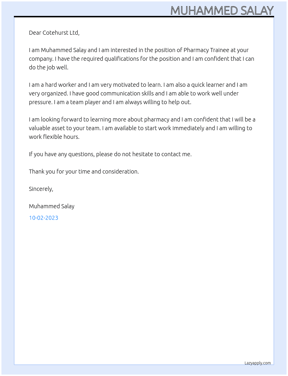 Pharmacy Traniee At Cotehurst Ltd Cover Letter