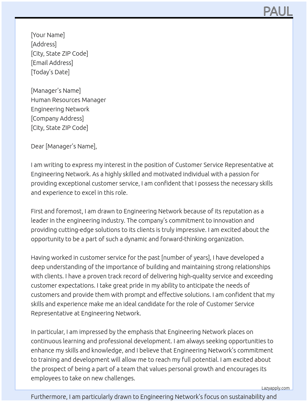 Cover letter for customer service representitve - LazyApply