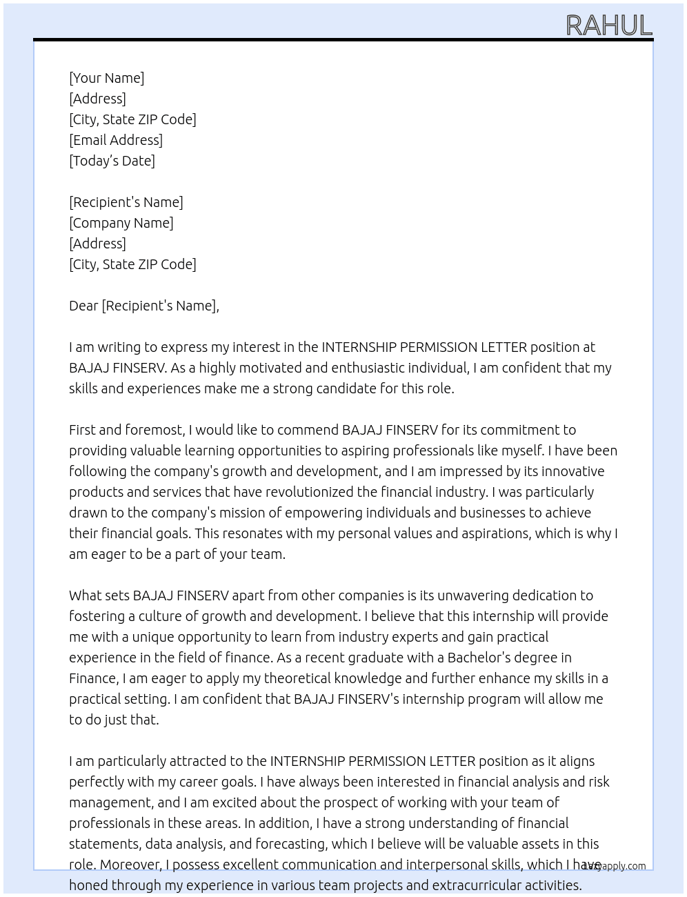 INTERNSIP PERMISSION LETTER At BAJAJ FINSERV Cover Letter