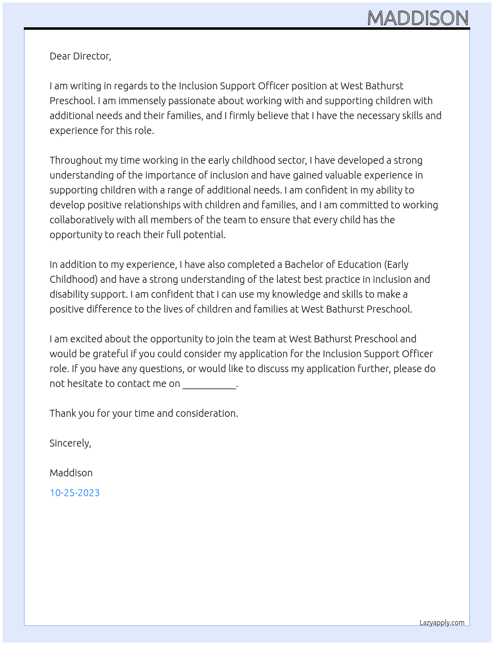 Inclusion support officer At West Bathurst preschool Cover Letter