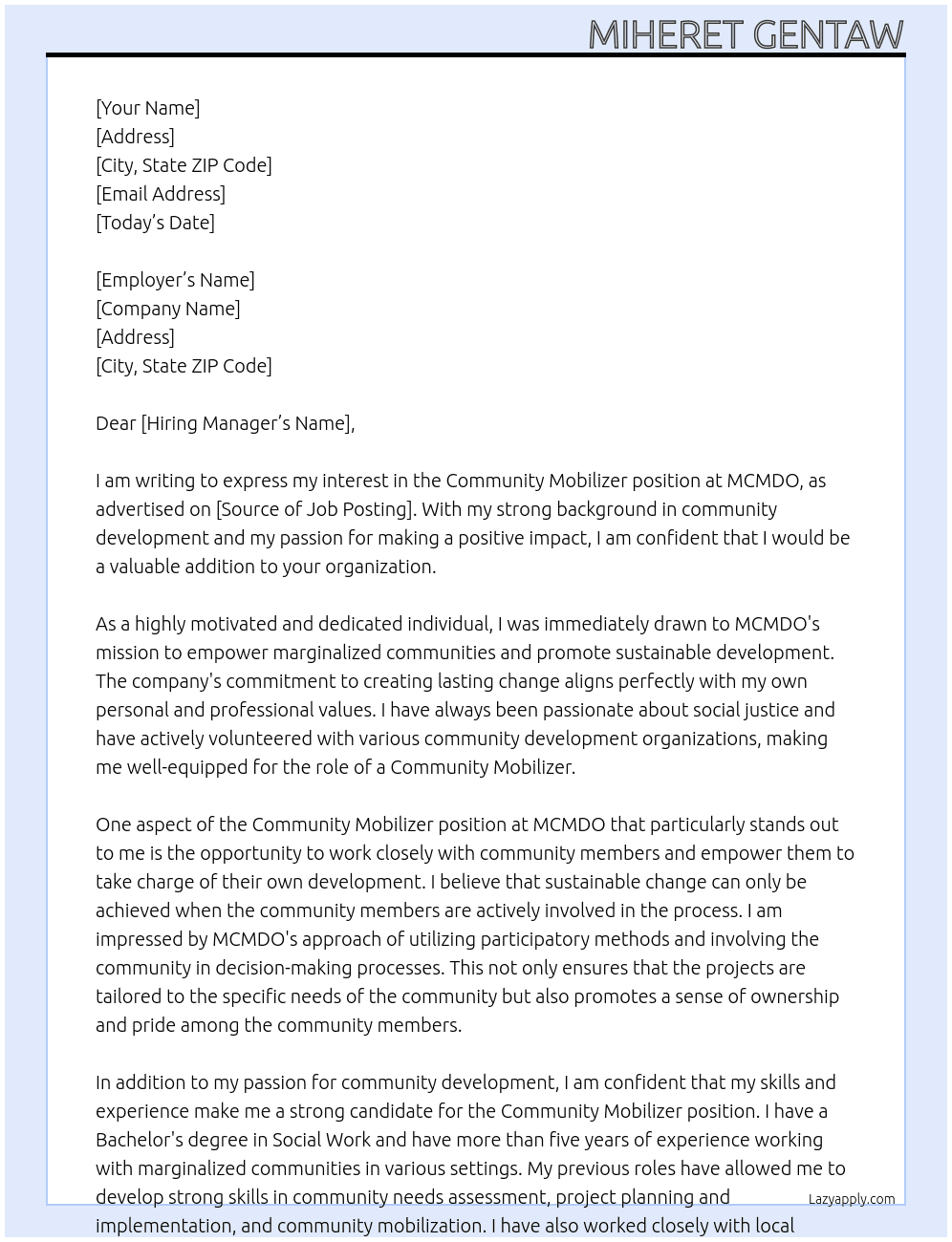 Community mobilizer  At MCMDO Cover Letter