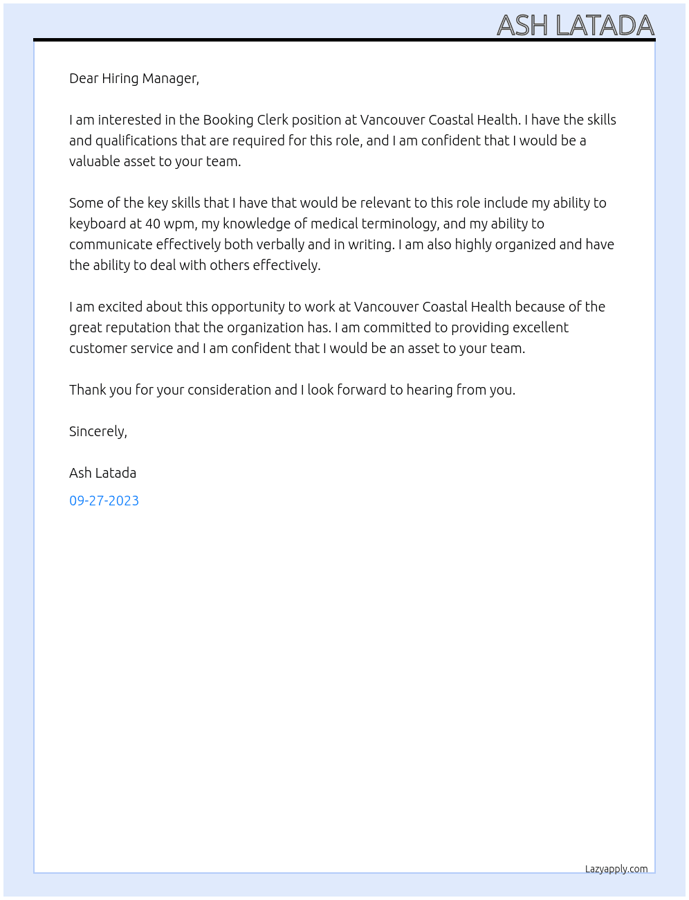 Boking Clerk At Vancouver Coastal Health Cover Letter