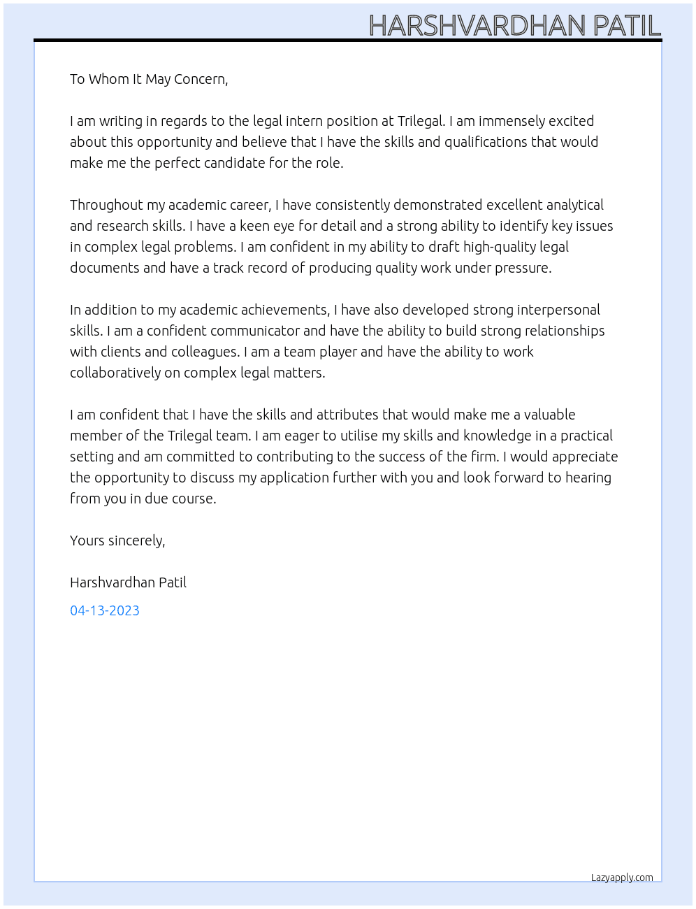legal intern At Trilegal Cover Letter