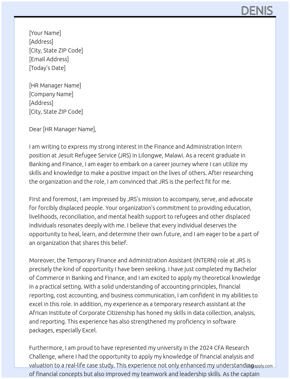 Cover letter for finance and administration intern - LazyApply