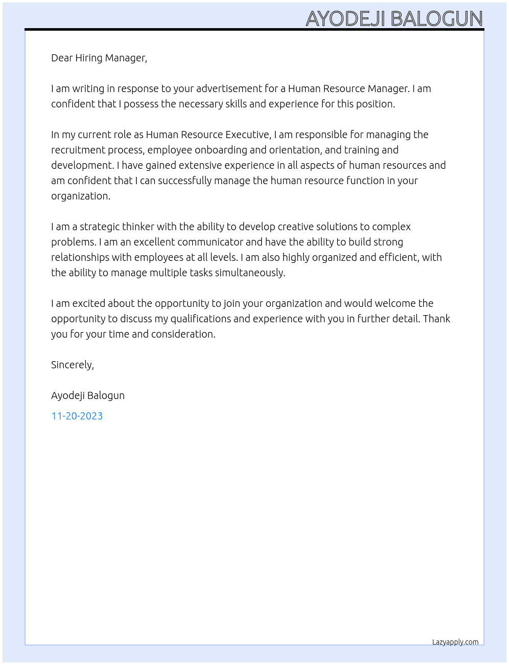 Human Resource Manager At Human Resource Executive  Cover Letter
