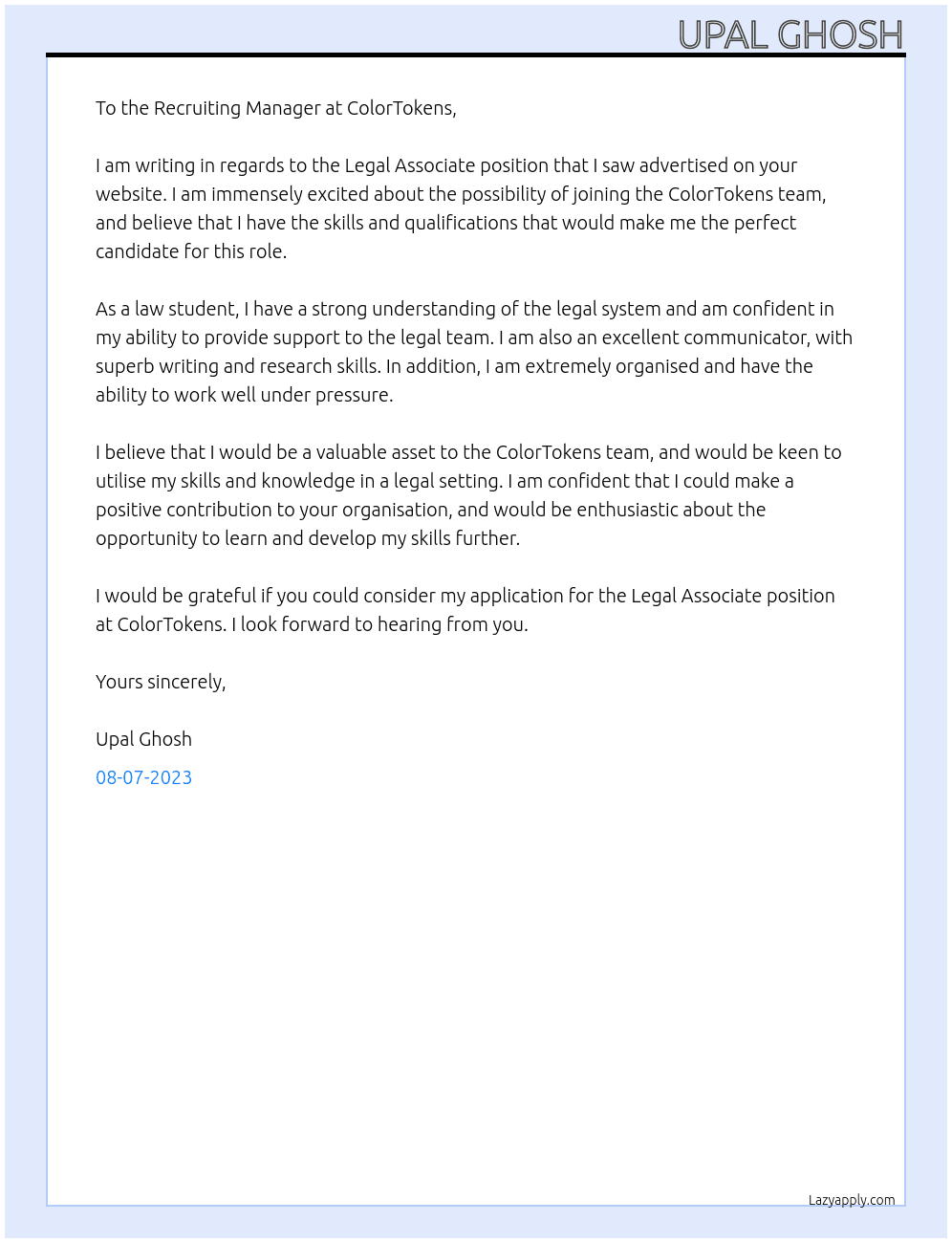 Legal Associate At ColorTokens Cover Letter