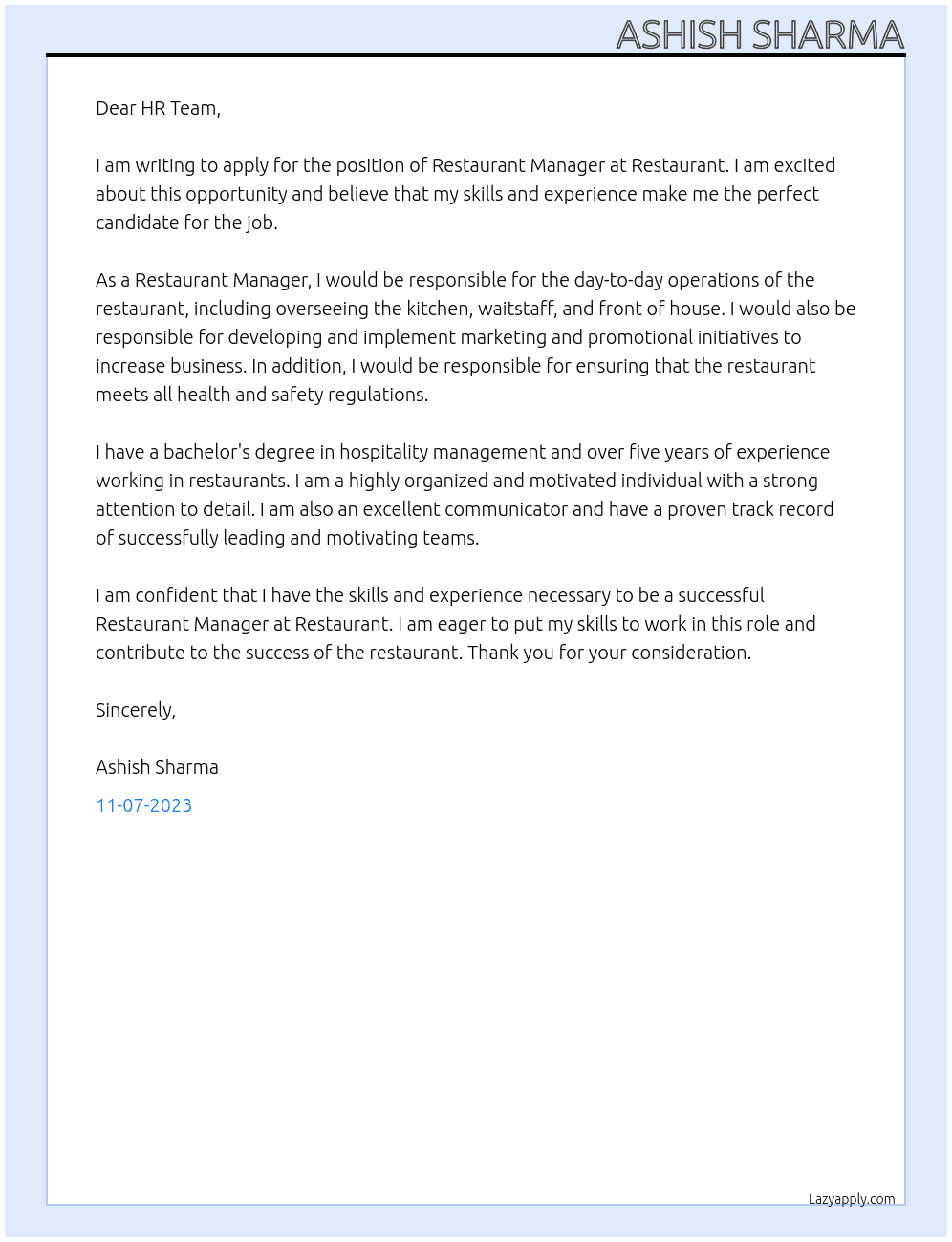 RESTAURANT MANAGER At RESTAURANT Cover Letter