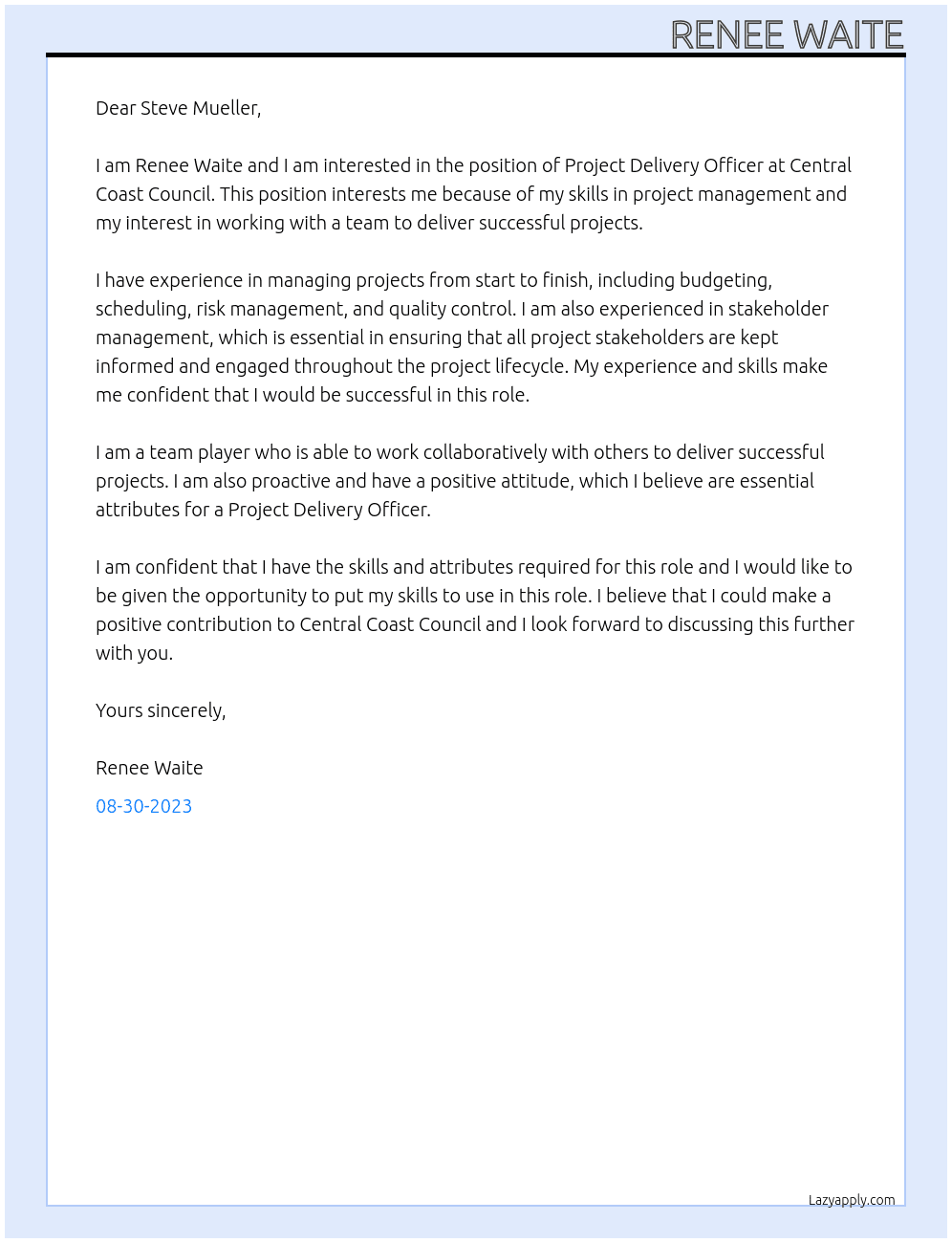 Project delivery officer At Central coast council  Cover Letter
