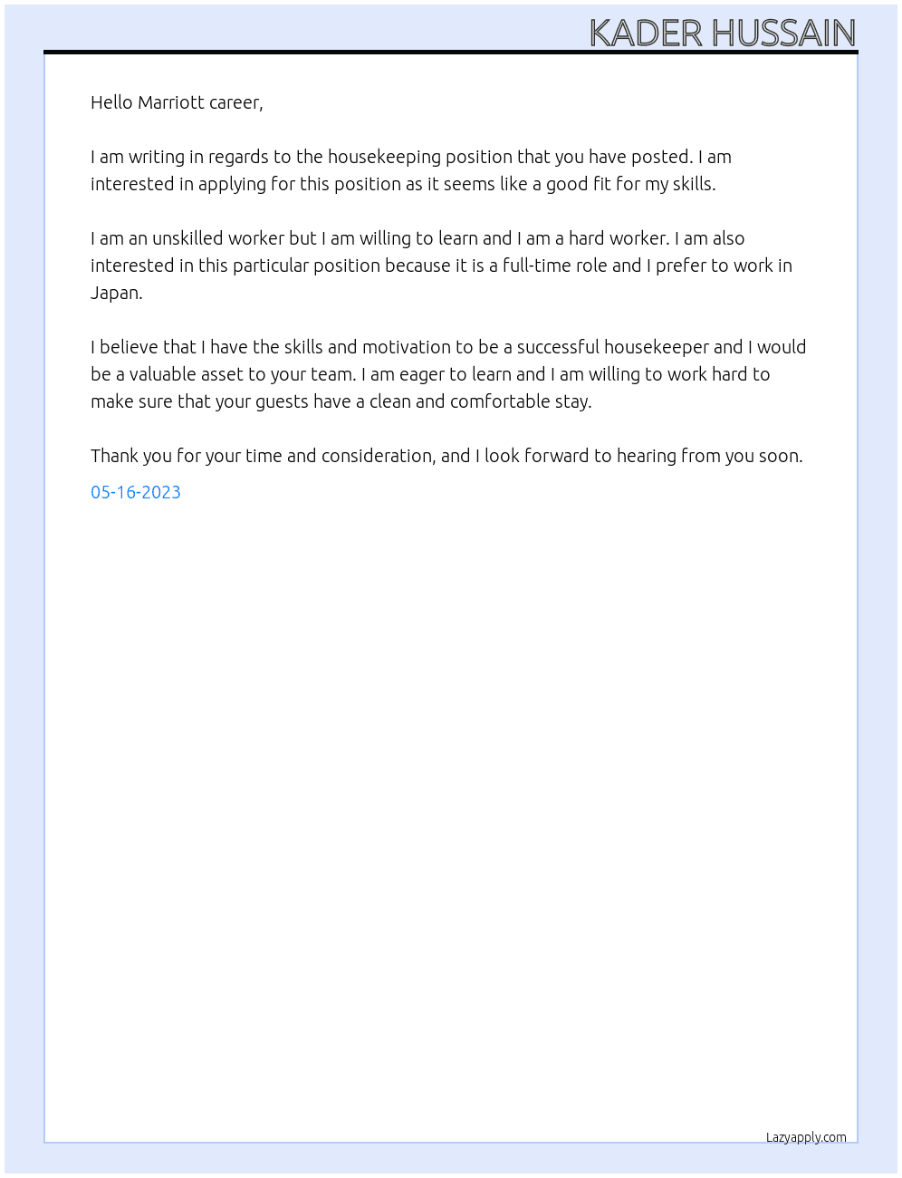 housekeeping At Marriott career Cover Letter