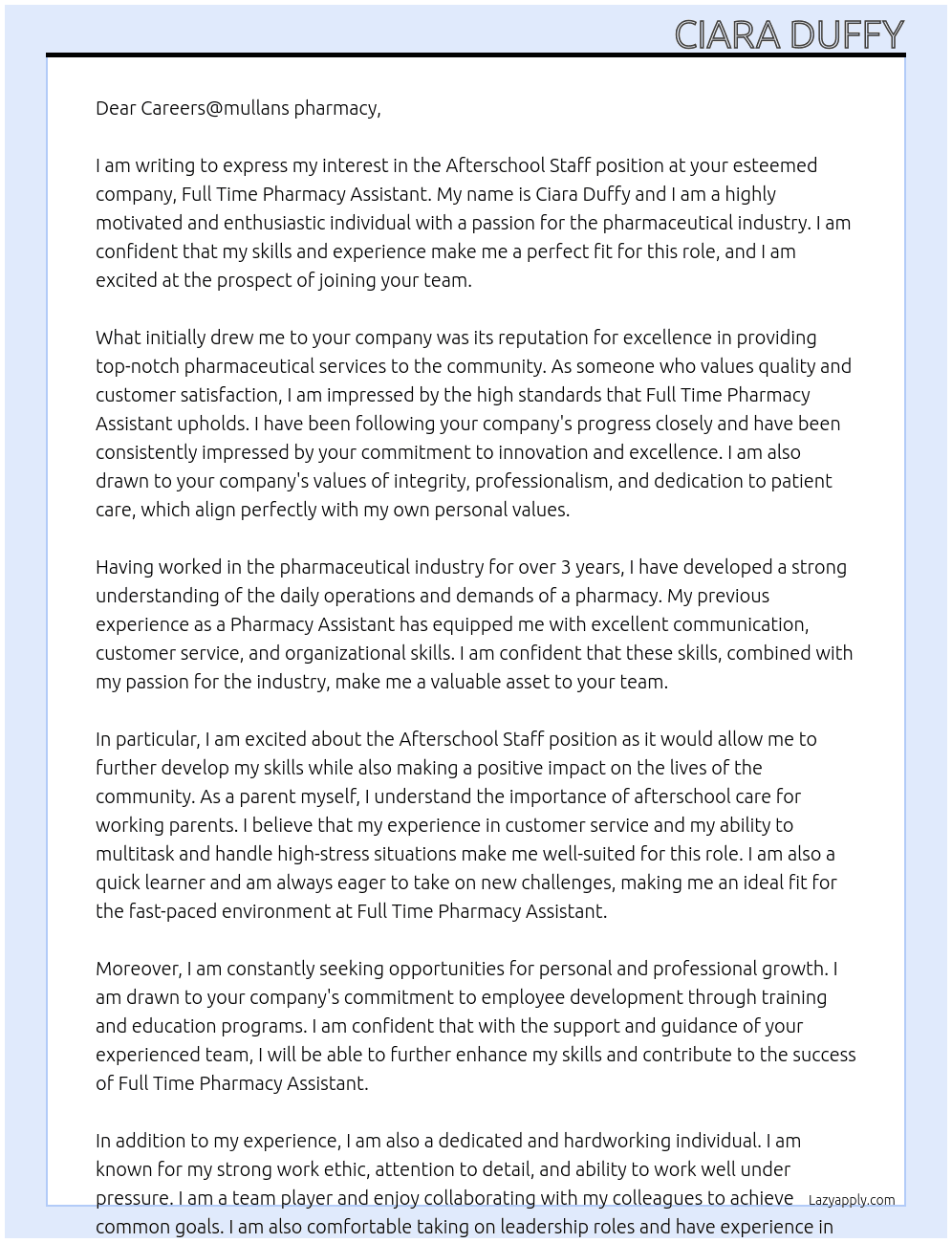 Cover letter for afterschool staff - LazyApply