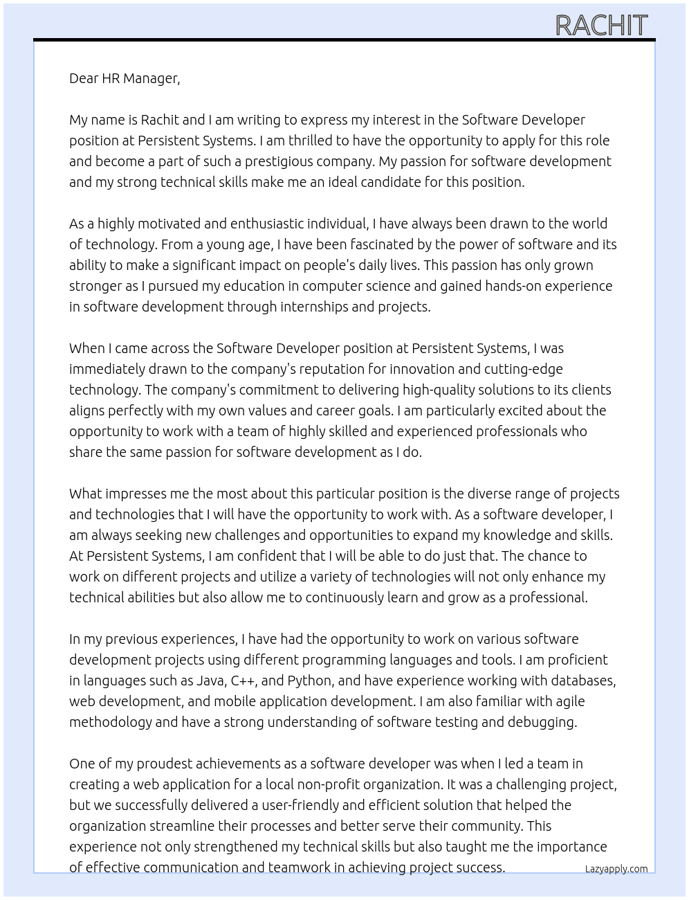 software developer At Persistent Systems Cover Letter