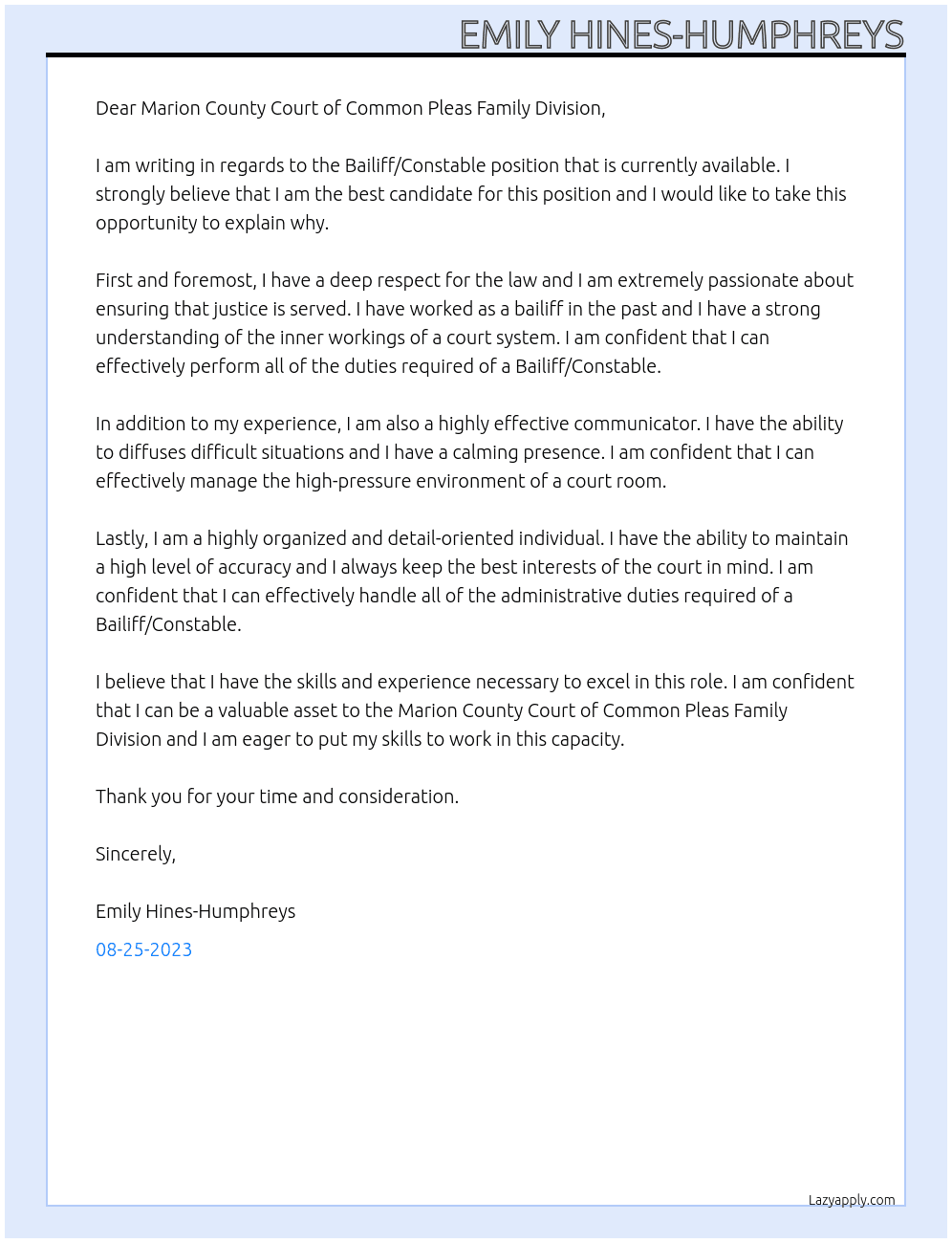 Bailiff/Constable At Marion County Court of Common Pleas Family Division Cover Letter