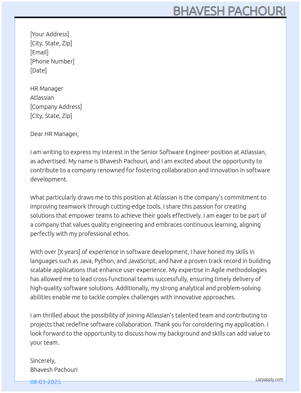 Senior Software Engineer At Atlassian Cover Letter