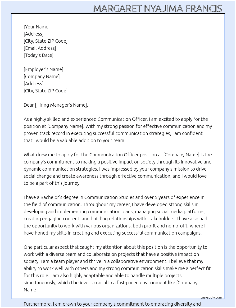 communication officer At IMC Cover Letter